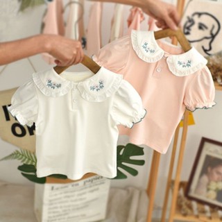 韓國童裝 寶寶短袖T恤 女孩夏天衣服 娃娃領夏季純棉女童打底衫夏裝白色韓版嬰兒短袖上衣