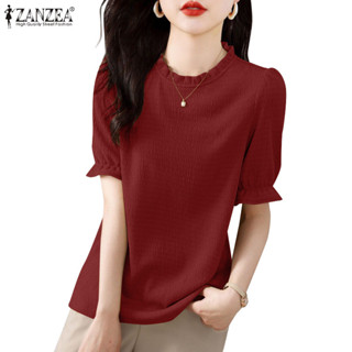 Zanzea 女式韓版圓領短袖鬆緊袖口襯衫
