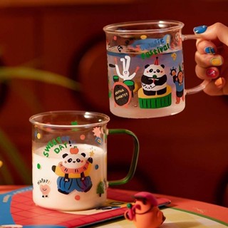 糖果派對熊貓玻璃馬克杯 耐高溫大容量可愛家用帶把手牛奶水杯子