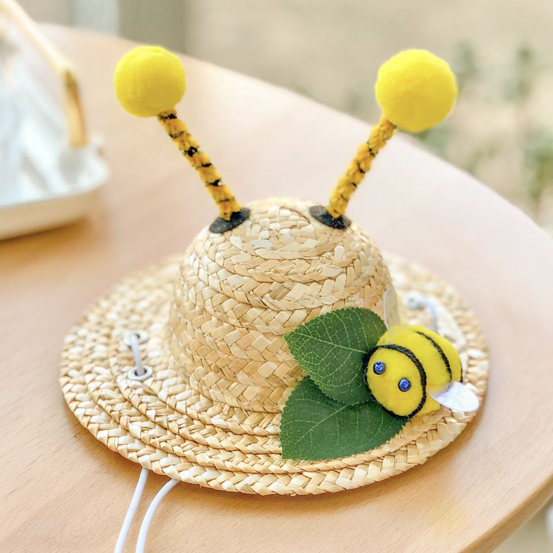 寵物草帽太陽帽裝飾中小型幼犬泰迪貓狗蜜蜂卡通帽子迷你帽子