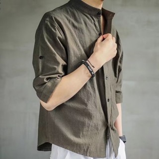 【HOT 本舖】男裝 亞麻立領短袖襯衫男士青年上衣