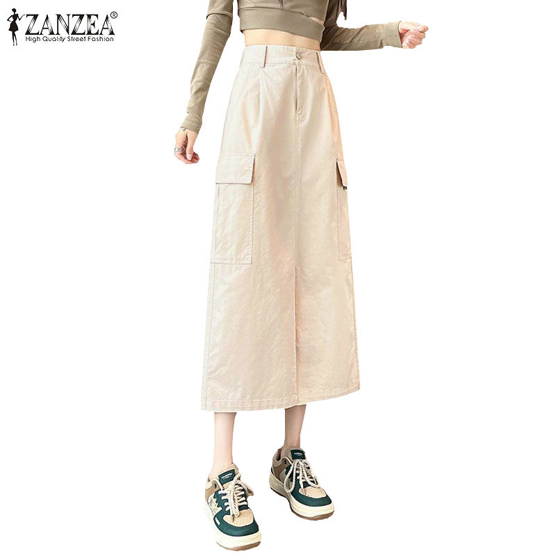 Zanzea 女式韓版拉鍊褶襉口袋開叉下擺純色超短裙