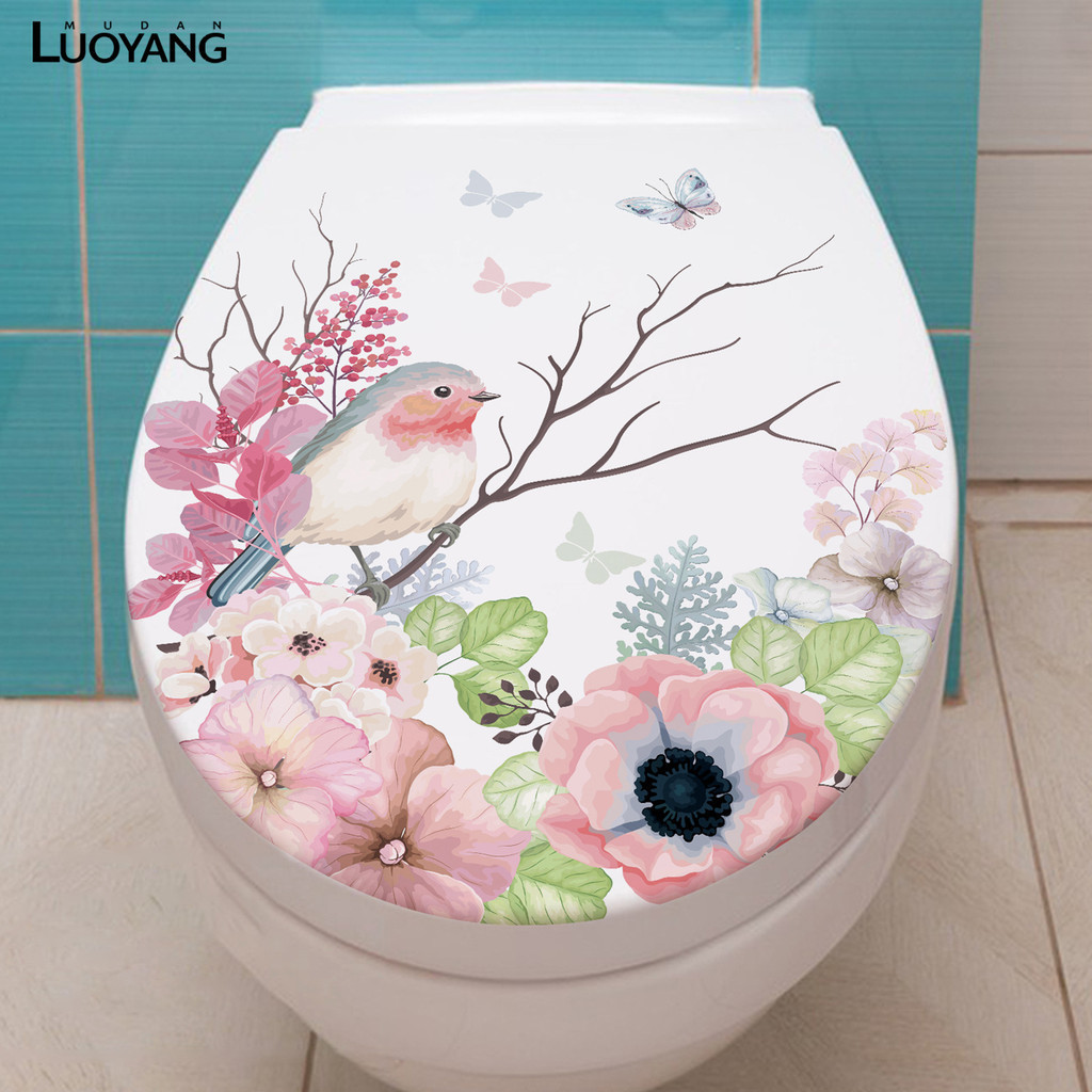 洛陽牡丹 枝頭飛鳥花朵衛生間馬桶蓋貼紙浴室創意馬桶蓋美化防水裝飾牆貼畫