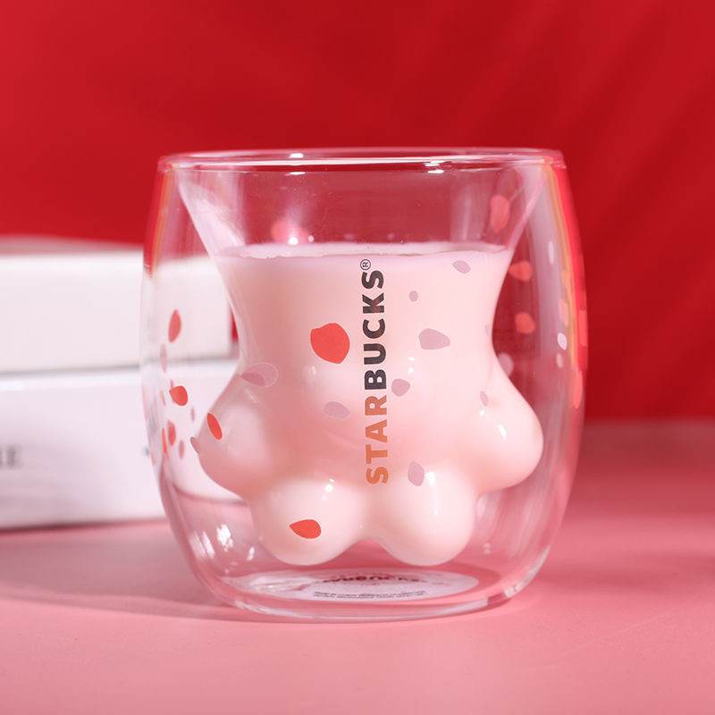 雙層玻璃貓爪杯子櫻花牛奶咖啡水杯正品限量版網紅可愛