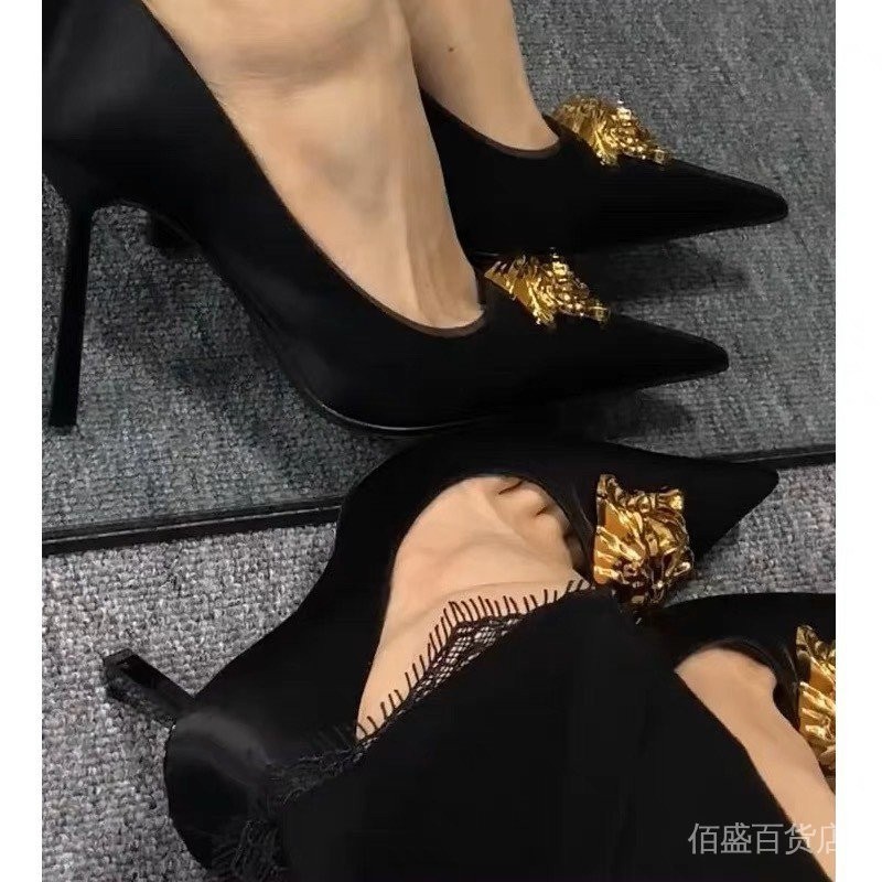 【全場7折】2023年新款一腳蹬女鞋尖頭黑色法式細跟性感歐美金屬頭走秀高跟鞋