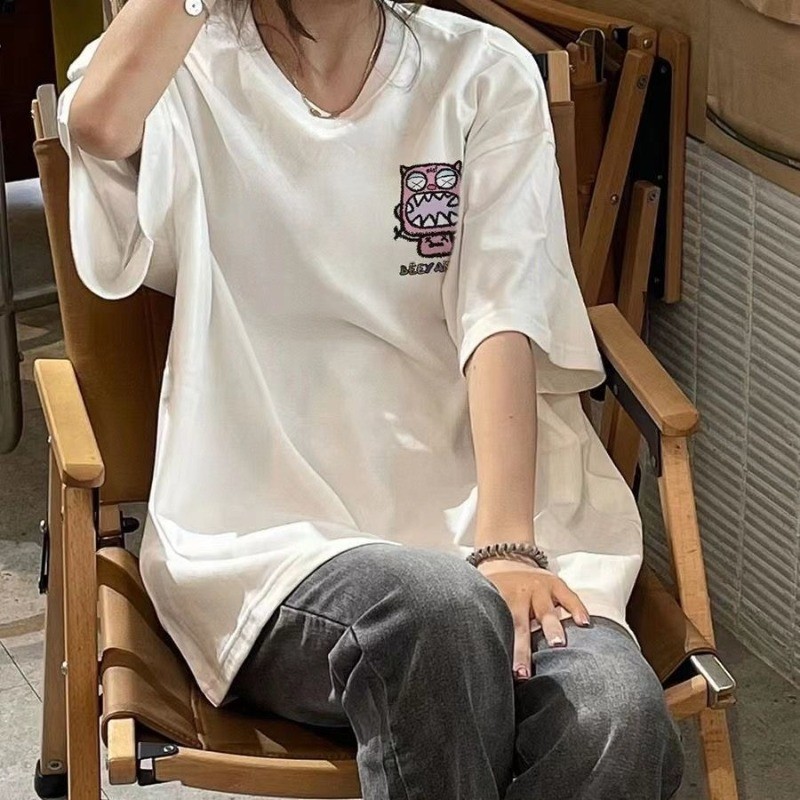 美式潮流小怪獸圖案印花t恤短袖女寬鬆夏季韓版鹽系學院風上衣服