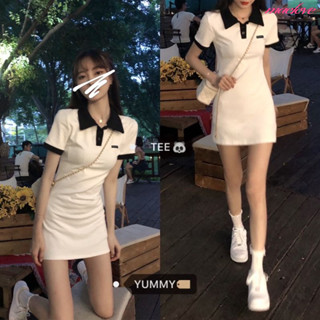 韓系少女短袖T恤裙 翻領洋裝 短洋裝 修身洋裝 包臀洋裝 白色洋裝 短袖洋裝 短袖連衣裙 韓國短裙 休閒洋裝 夏天洋裝