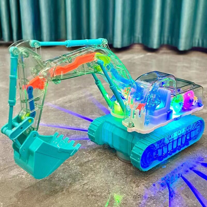 電動男孩兒童萬向玩具車齒輪透明工程車玩具音樂電動挖掘機挖土機