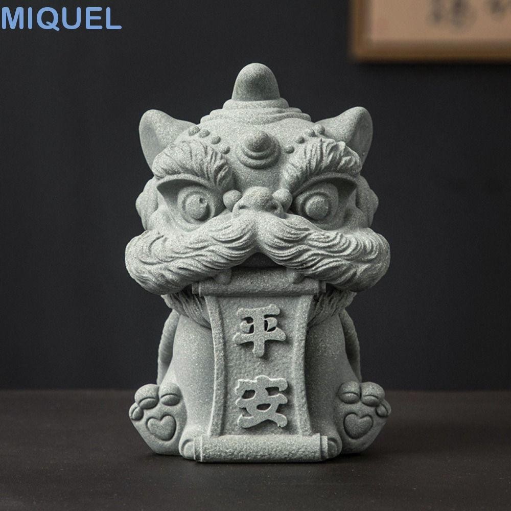 MIQUEL中國石獅子擺件,人造石安全醒獅裝飾品,可愛藝術品3D手工製作獅子吉祥物雕像桌面