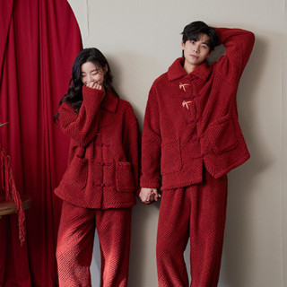 結婚新婚情侶睡衣套裝 珊瑚絨加絨加厚 新中式紅色家居服 珊瑚絨睡衣 大尺碼 情侶睡衣 睡衣 睡褲 家居服 保暖 四季沐歌