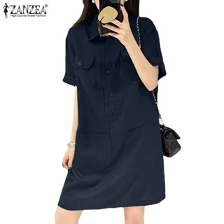 Zanzea 女式韓版口袋條紋褶襉設計純色襯衫裙