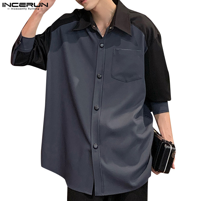 Incerun 男士韓版時尚撞色拼接長袖襯衫