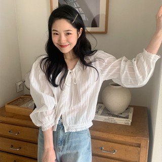 韓國chic復古甜美氣質圓領抽繩蕾絲花邊泡泡袖白色襯衫上衣