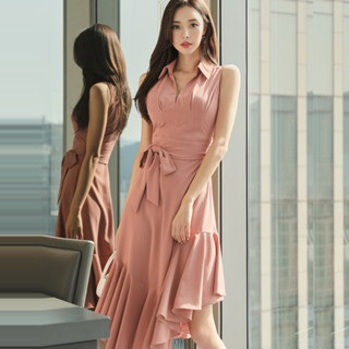 夏裝新款氣質抽繩收腰顯瘦中長款荷葉邊裙襬時尚洋裝 洋裝 連身裙 禮服 韓版洋裝