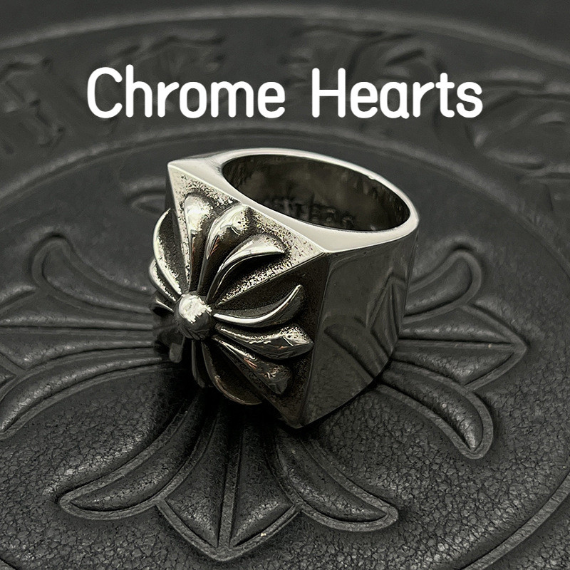 Chrome Hearts 克羅心 925純銀戒指 四方十字花十字架戒指復古做舊嘻哈朋克CJ052