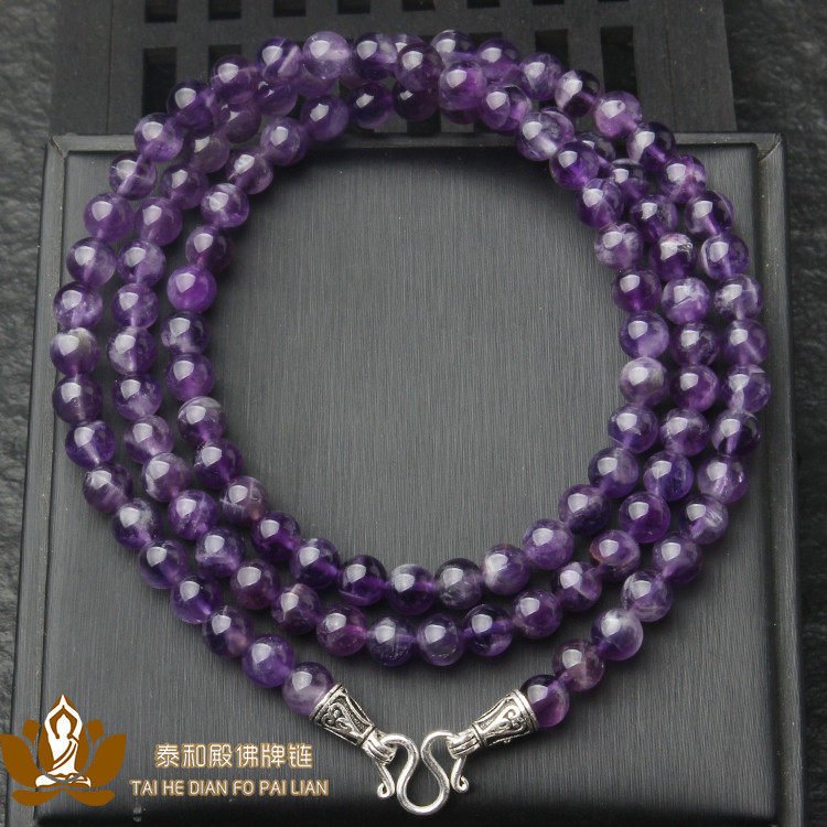 泰伽泰國佛牌鏈子天然紫水晶珠鏈純銀扣毛衣鏈玉佛掛繩