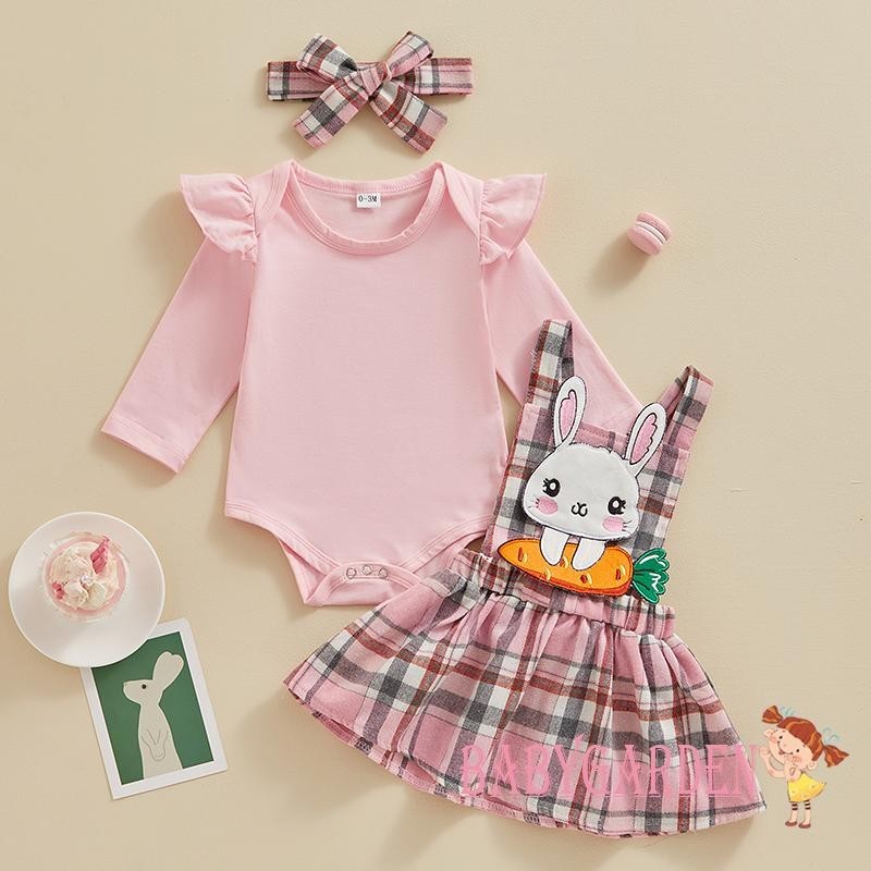 Baga-女嬰復活節 3 件套粉色飛袖連身衣兔子刺繡格子吊帶裙頭帶嬰兒衣服