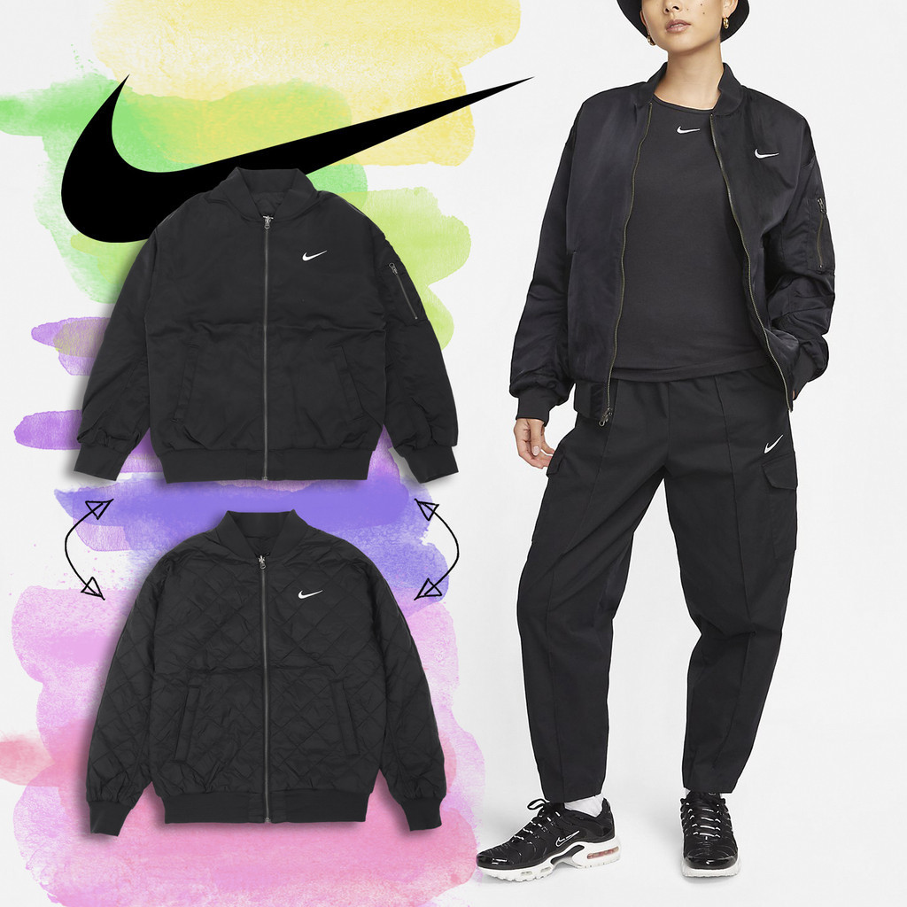 Nike 外套 NSW Varsity 女款 黑 雙面穿 飛行外套 MA1 菱格紋 穿搭【ACS】 DV7877-010