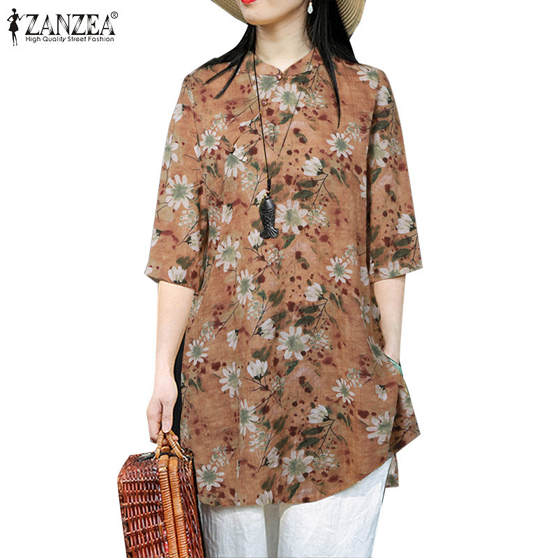 Zanzea 女式韓版日常花卉印花半袖 O 領鈕扣襯衫