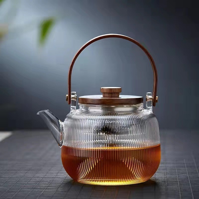 圍爐煮茶胡桃木玻璃茶壺蒸煮兩用雙內膽玻璃茶壺明火電陶爐煮茶器