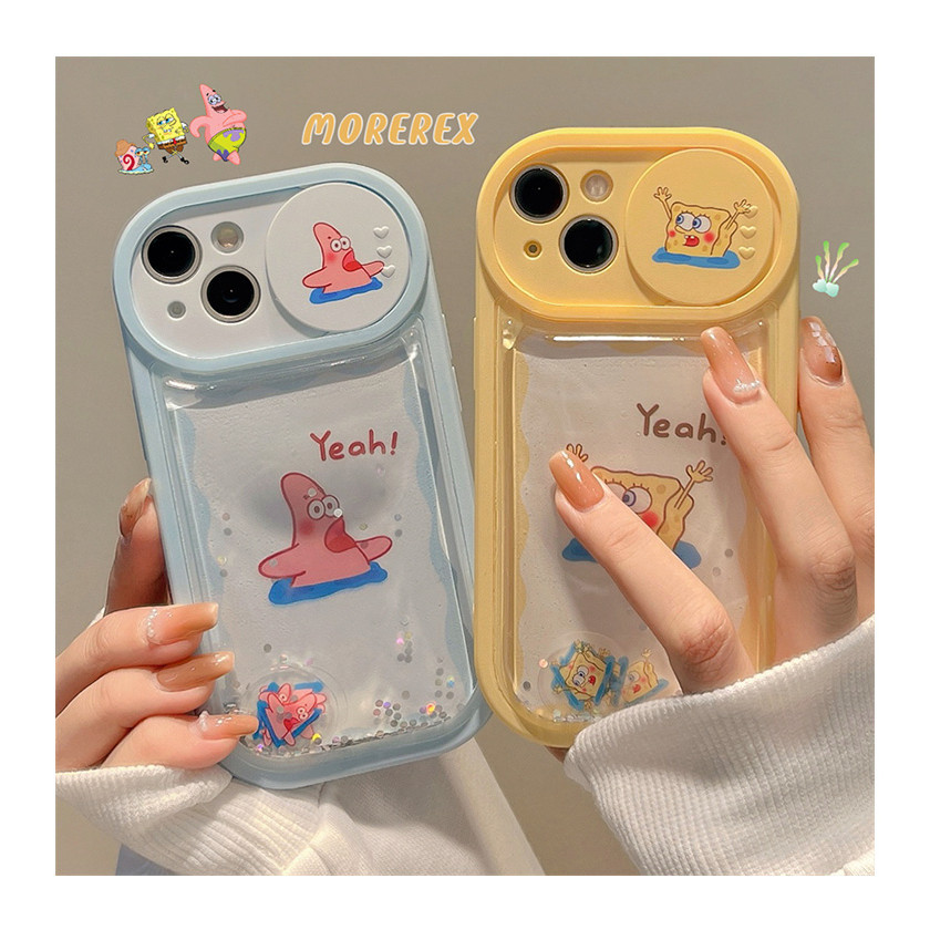 海綿寶寶手機殼適用於 IPhone 15 14 13 12 11 Pro Max 軟保護殼卡通可愛流沙防摔滑動鏡頭