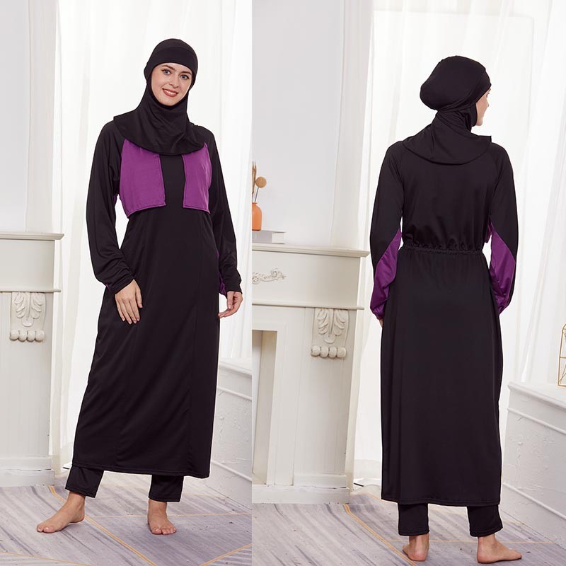 夏季穆斯林婦女全覆蓋長袖拼布泳衣伊斯蘭教保守泳裝