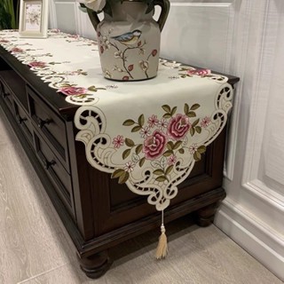 美式桌旗 鏤空繡花桌旗 鞋櫃電視櫃防塵蓋布 長條桌布 茶几桌布 滌綸布藝 輕奢高階茶几電視櫃高階感刺繡桌布 新中式蓋布