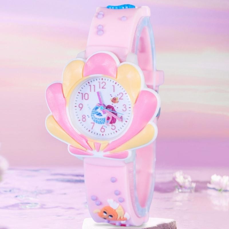 新款粉色美人魚指針式石英手錶矽膠帶裝飾配件節日禮物兒童手錶New Pink Mermaid Pointer Quartz