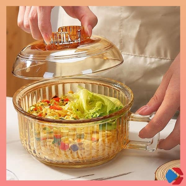 拉麵碗 泡麵碗 露營碗 泡麵玻璃碗帶把手防燙家用微波爐耐高溫帶蓋大容量透明專用泡麵碗
