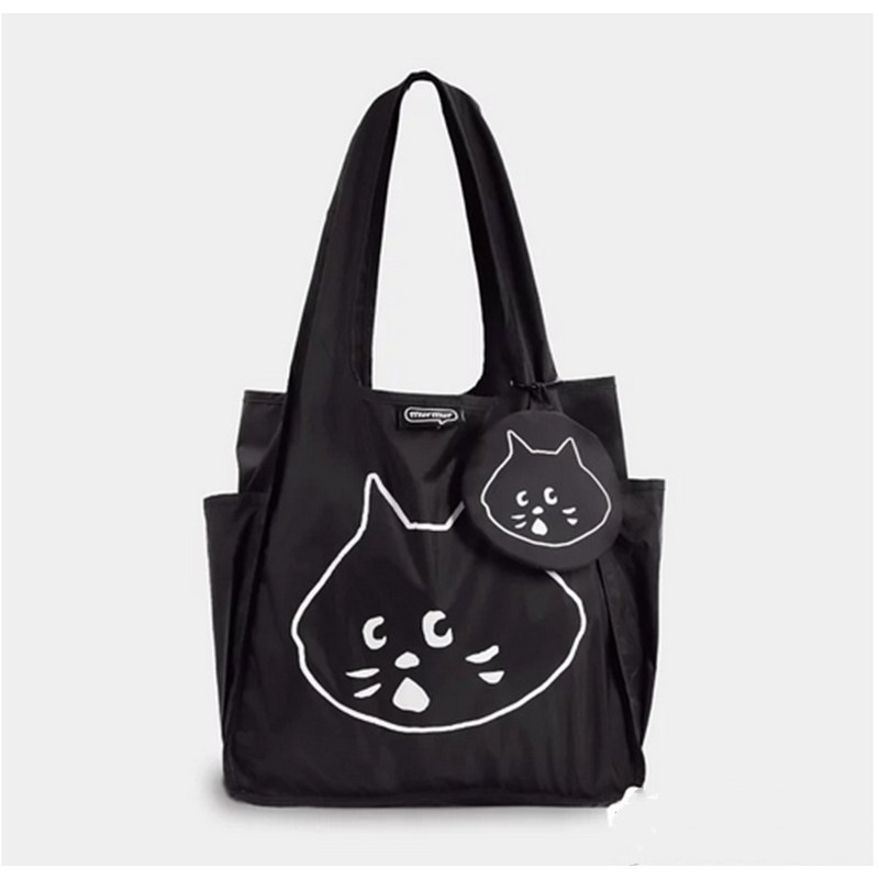 現貨ne net驚訝貓卡通可愛摺疊大容量購物袋斜背包零錢包二件套萌