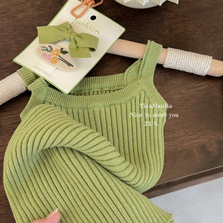【HOT 本舖】 韓版女童裝2024夏裝新款洋氣綠色針織吊帶連衣裙坑條無袖公主裙子