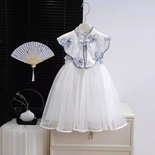 2024女童新中式改良夏季白色洋裝寶寶國風復古背心裙MCJ082