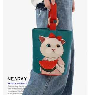 手提包 可愛貓咪包 便攜手提袋帆布包 水桶包手提包可愛水桶型手拎包 便當包 女生外出手提包 收納包購物袋