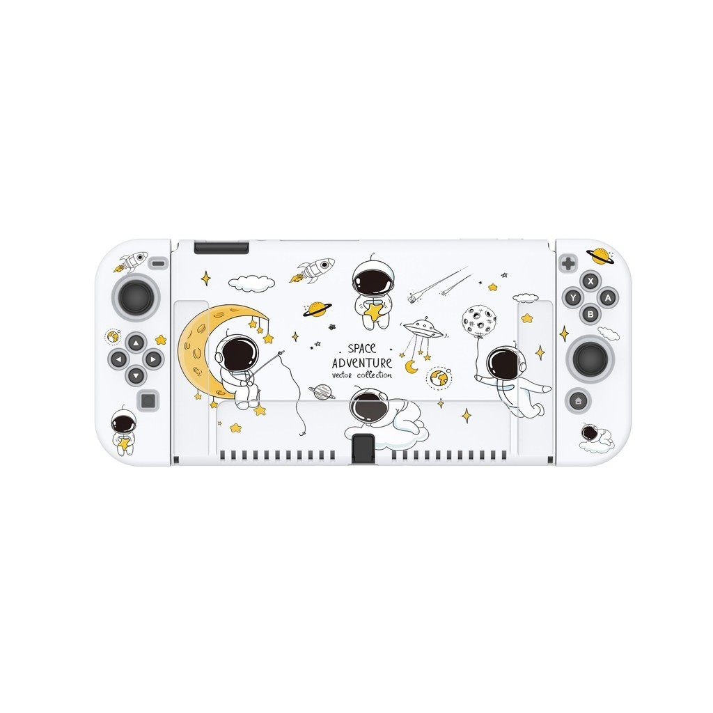 太空人適用任天堂遊戲機switch oled白色保護套可愛卡通透明joycon手柄套分離式tpu可插底座ns矽膠保護殼新
