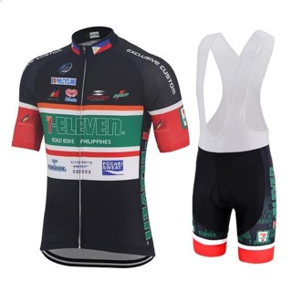七十一 7-11 7/11 短袖騎行服上衣和褲子 MTB 公路賽車自行車套裝帶襯墊圍兜短褲/短褲運動裝休閒服裝