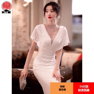 S-4XL大尺碼洋裝白色晚禮服女百搭必備款高階感宴會氣質名媛會輕奢小眾魚尾裙長裙婚禮洋裝伴娘服派對聚會小禮服禮服百搭必備