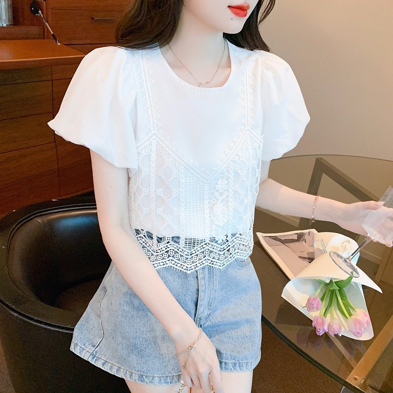 米色雪紡女式襯衫新設計感假兩件式短 T 恤蕾絲短袖襯衫加大碼
