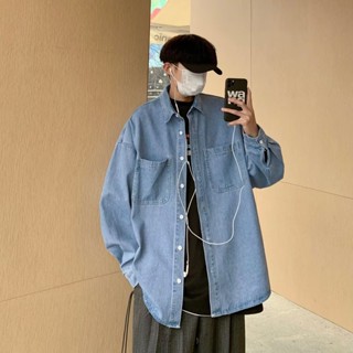 【HOT 本舖】男裝 青春流行秋季日系寬鬆水洗牛仔襯衫男文藝復古工裝口袋長袖襯衣
