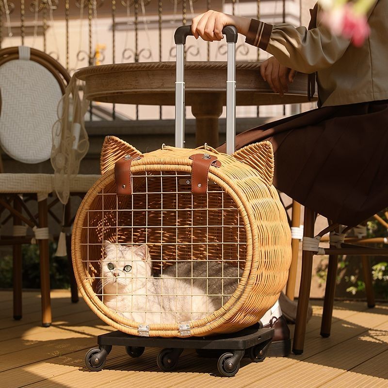 藤編貓咪拉桿箱貓包外出便攜寵物狗狗小推車行李箱大容量遛貓背包