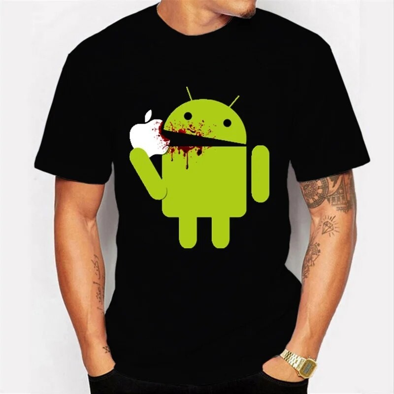 印花 T 恤 Android Eat Apple Logo 手機 T 恤男士