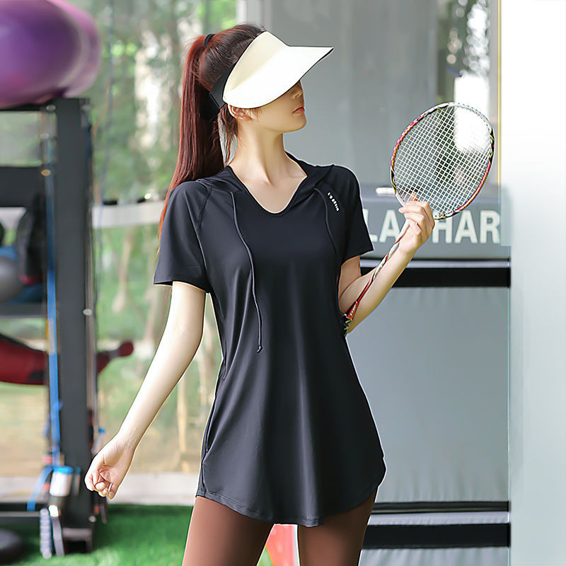 運動T恤女連帽健身衣長款遮臀寬鬆版加大尺碼瑜伽短袖瑜伽罩衫
