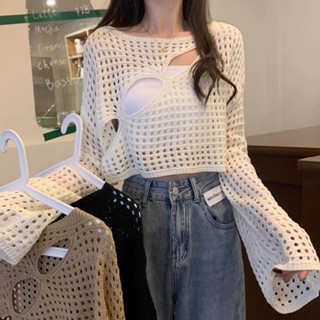 【HOT 本舖】女裝 編織鏤空針織衫女夏吊帶外搭罩衫設計感破洞寬鬆長袖防曬短款上衣