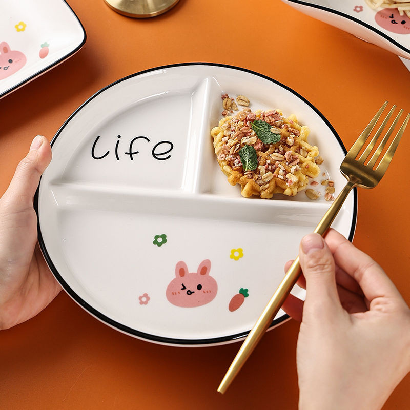 分格餐盤卡通可愛ins盤兒童陶瓷減肥定量盤子三格分餐盤家用減脂