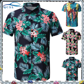 男士襯衫夏威夷風格夏季花卉印花翻領短袖沙灘休閒開衫 T 恤