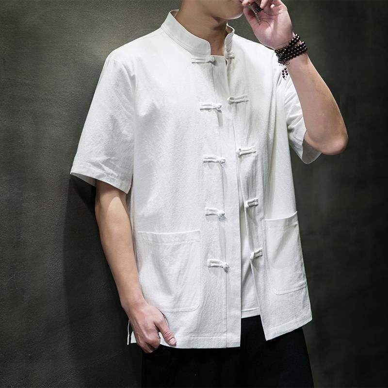亞麻短袖襯衫男中國風夏季棉麻短袖襯衫復古盤扣唐裝寬鬆大尺碼上衣