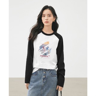 【臺灣出貨】XH 純棉打底衫女 秋季新款黑白撞色插肩袖寬鬆百搭長袖T恤 印花T恤 大碼上衣 GCPP