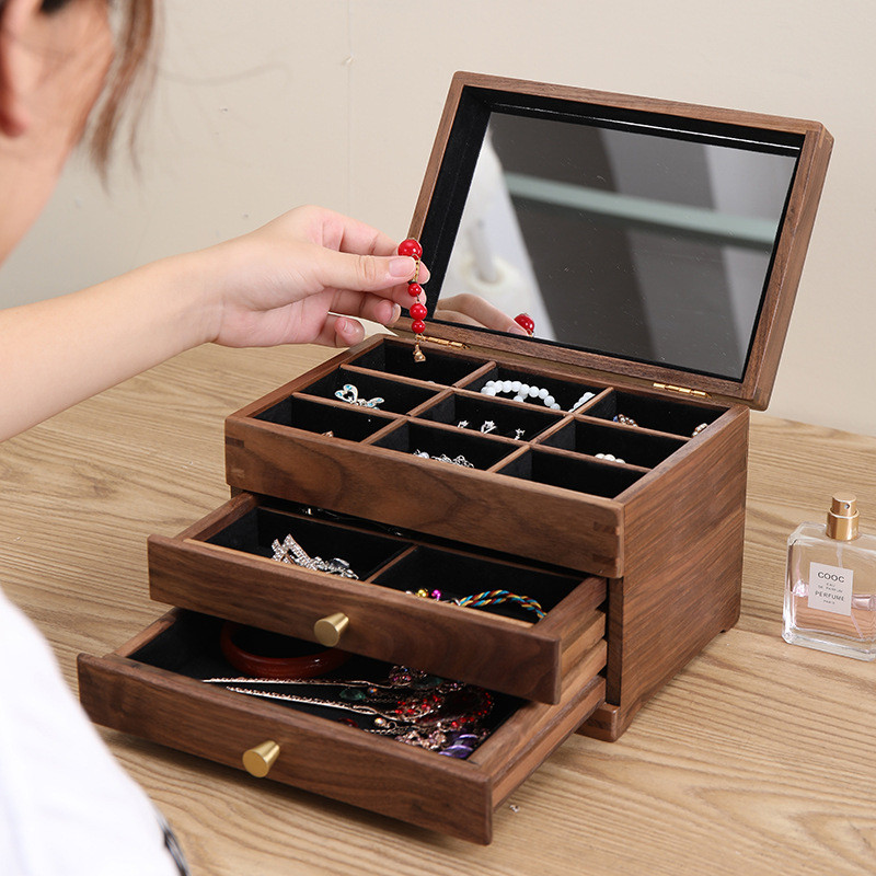 黑胡桃木首飾盒飾品珠寶收納盒抽屜式多層化妝品盒實木收納櫃