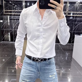 M-4XL 韓版潮流寸衣 商務休閒百搭免燙緊身白襯衫 春季男士輕奢長袖襯衫