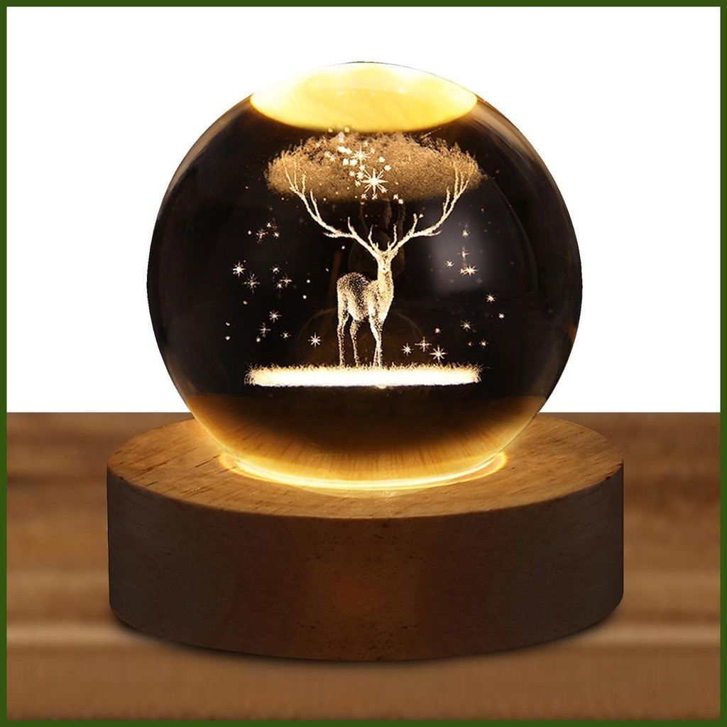 3d 水晶球 Led 水晶夜燈球形狀,帶木質底座水晶燈,適用於客廳臥室 sat1tw sat1tw