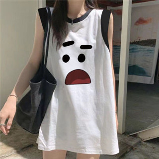純棉T賉 無袖背心 上衣 大碼 拼接撞色字母印花短袖t恤女寬鬆甜美黑白拼接無袖上衣ins潮流